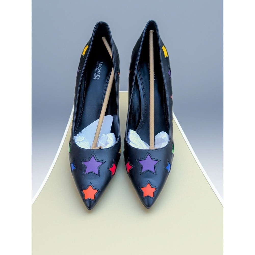 Michael Kors Raven NWB Black Leather Rainbow Star Inlay Pointed Toe Pumps Size 9 - Picture 5 of 11